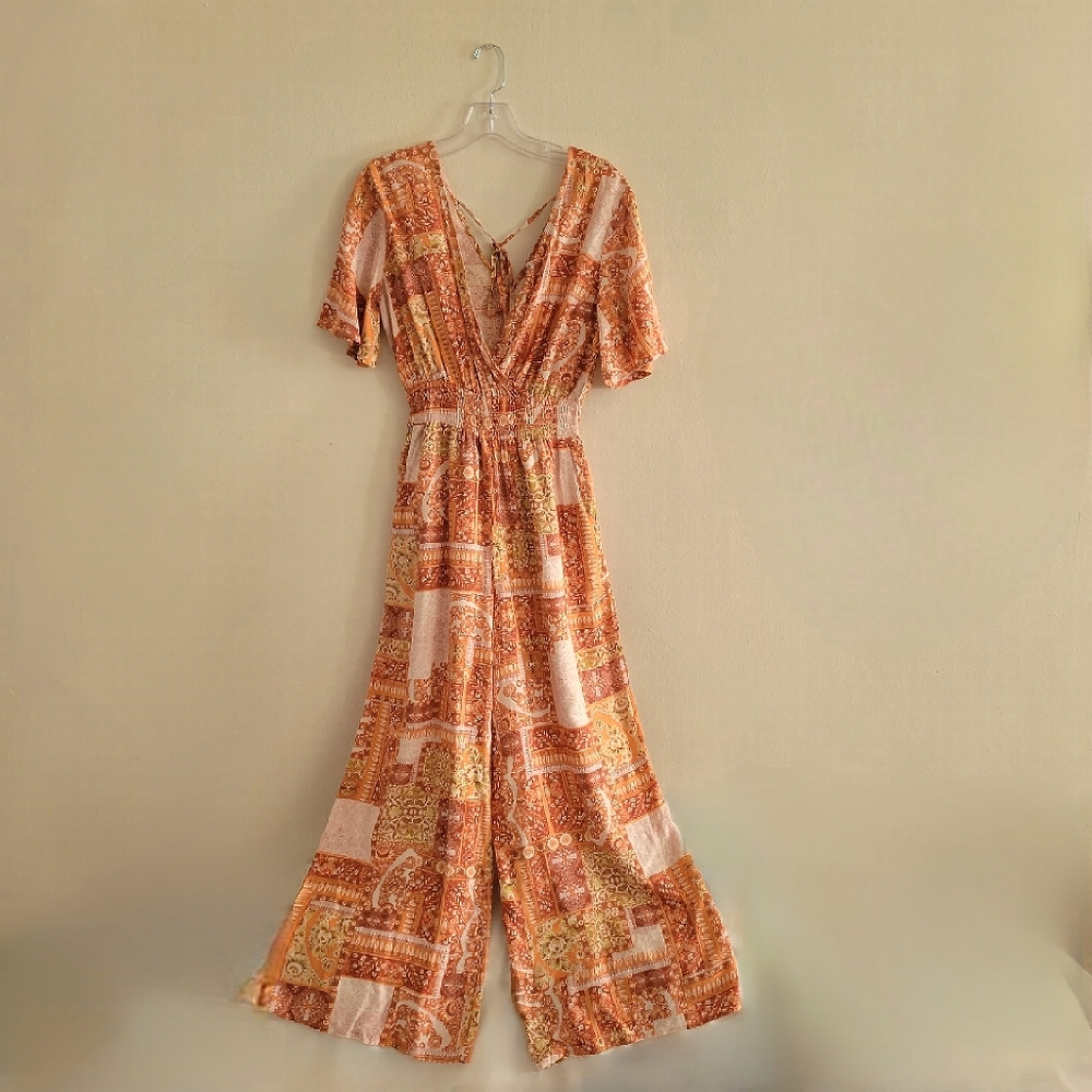 Boho style wideleg jumper / size small / multi color- coral, brown, beige